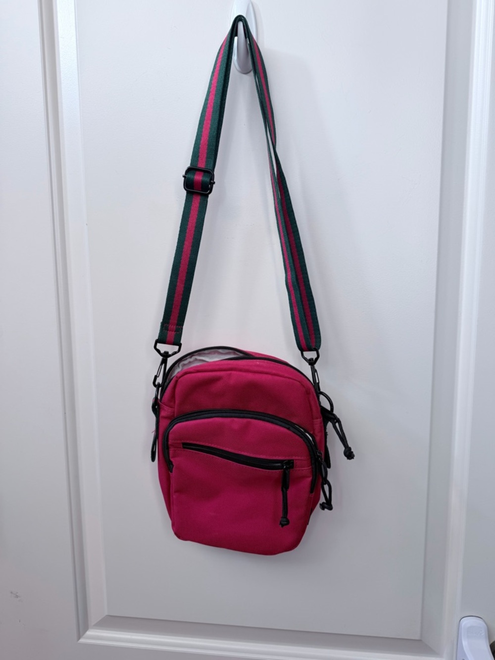 Red Crossbody Shoulder Bag with Striped Adjustable Strap